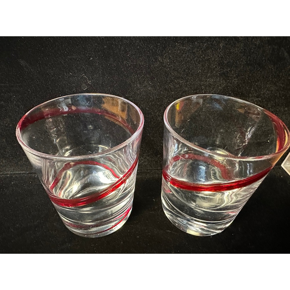 Set of 2 Hand Blown Clear Glass Tumblers with Red Swirl Ribbon Design Barware